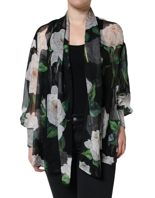  - Black Floral Print Silk Cardigan Blouse Top