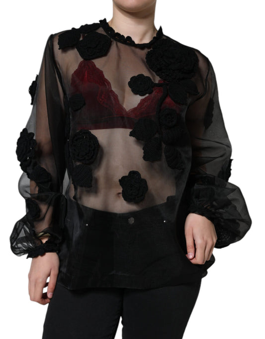  - Black Nylon Mesh Transparent Floral Blouse