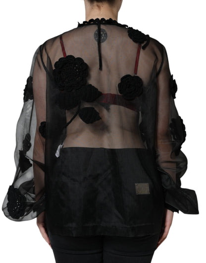  - Black Nylon Mesh Transparent Floral Blouse