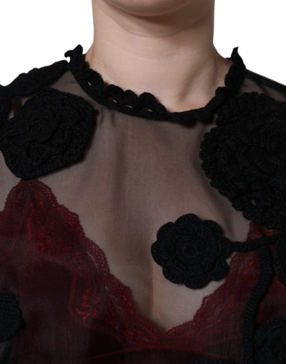  - Black Nylon Mesh Transparent Floral Blouse