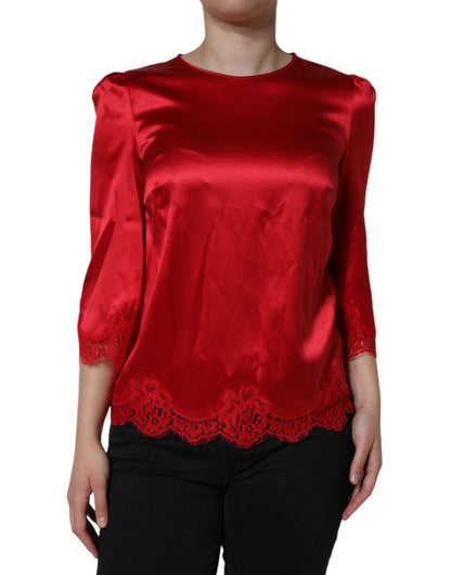  - Red Satin Lace Trim Round Neck Blouse Top