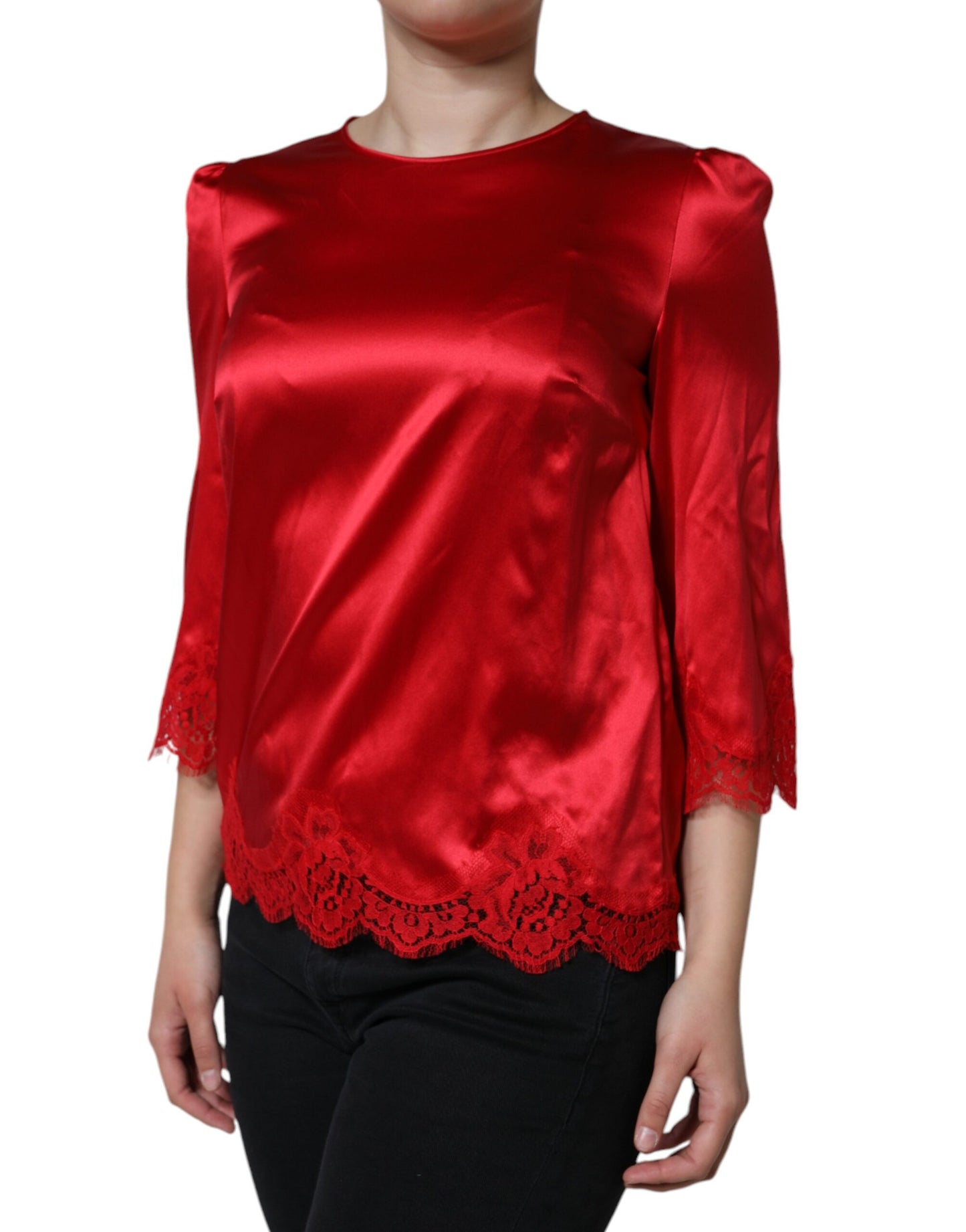  - Red Satin Lace Trim Round Neck Blouse Top