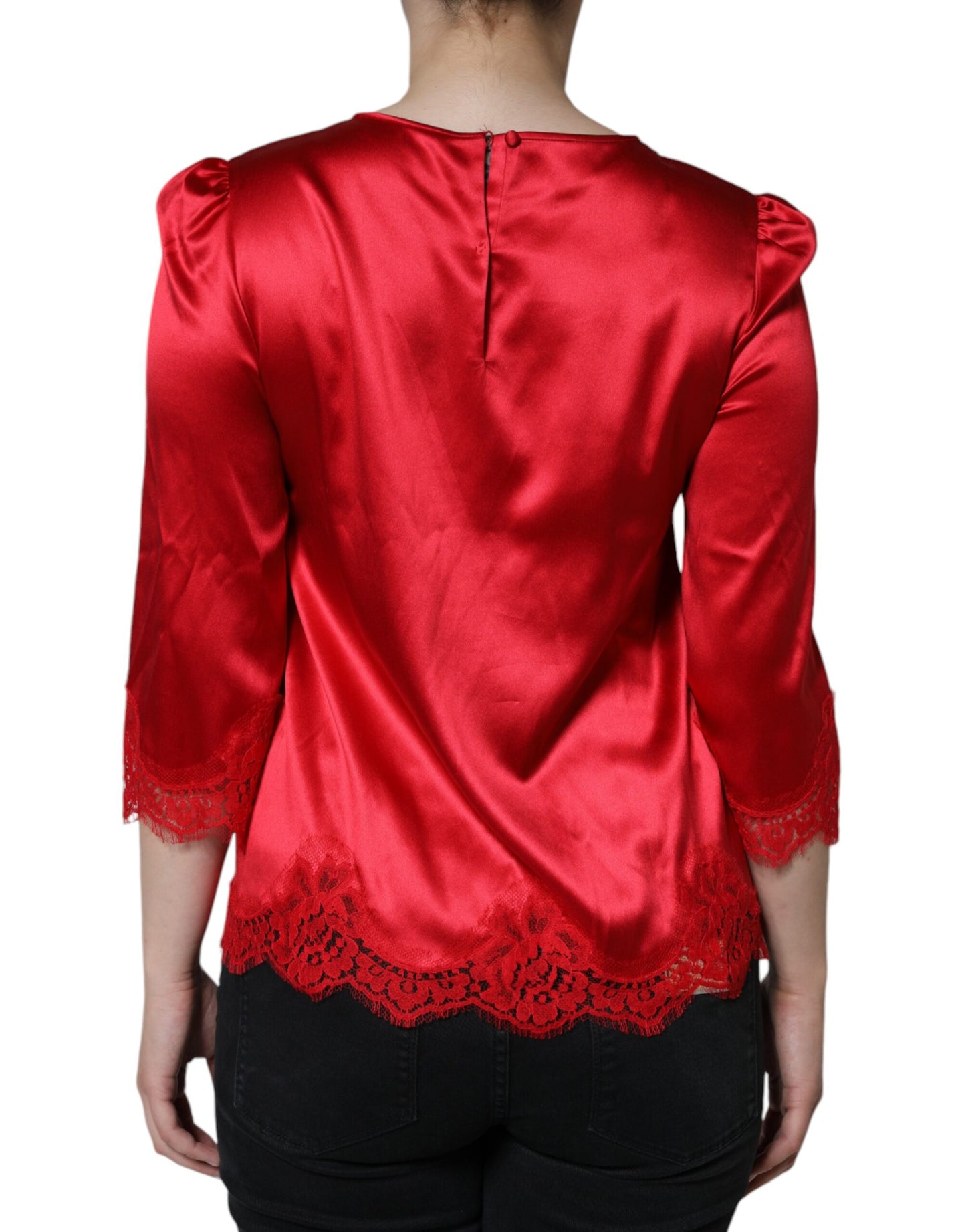  - Red Satin Lace Trim Round Neck Blouse Top