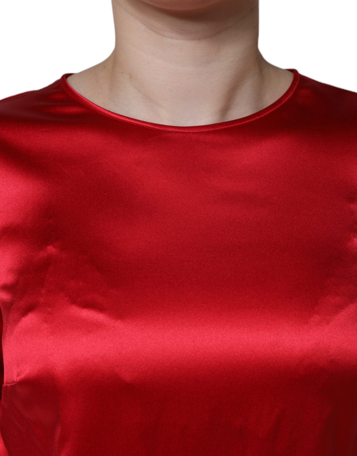  - Red Satin Lace Trim Round Neck Blouse Top