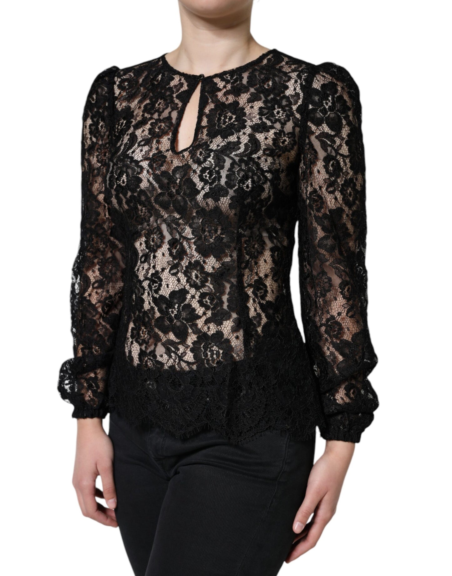  - Black Floral Lace See Through Long Sleeve Top