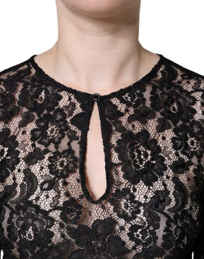  - Black Floral Lace See Through Long Sleeve Top