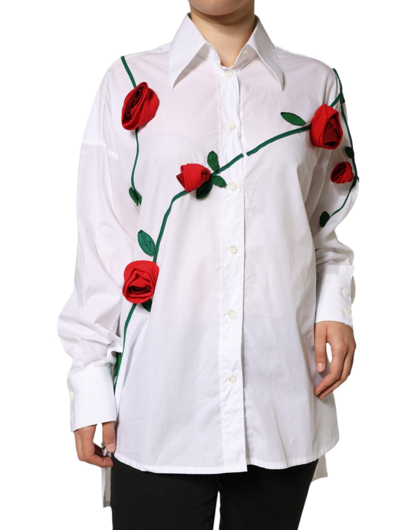  - White Cotton Flower Applique Dress Shirt Top