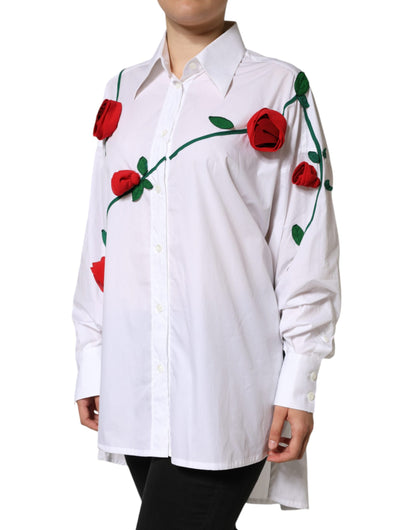  - White Cotton Flower Applique Dress Shirt Top