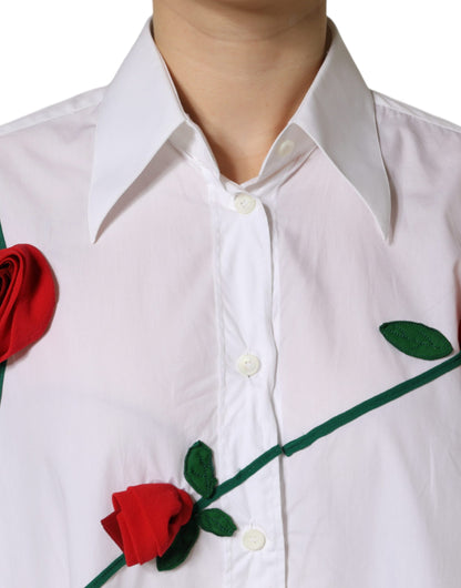  - White Cotton Flower Applique Dress Shirt Top