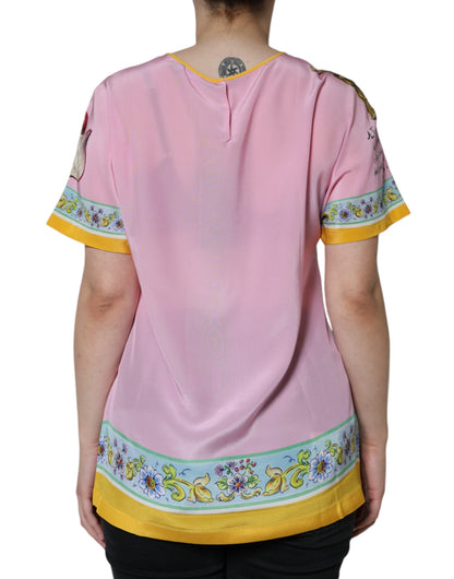  - Pink Silk Araneine Siciliana Print Short Sleeves Top