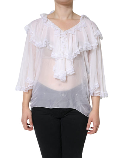  - White Ruffles Lace Long Sleeve Blouse Top