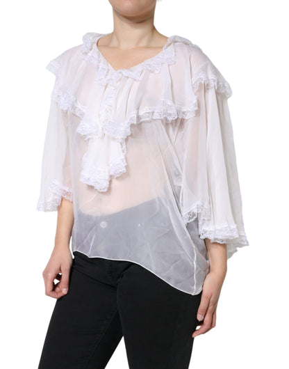  - White Ruffles Lace Long Sleeve Blouse Top