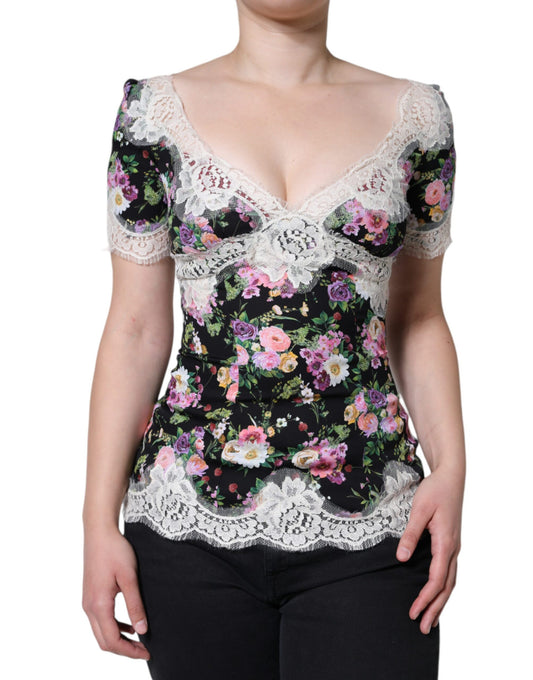  - Black Floral Lace Short Sleeves Blouse Top