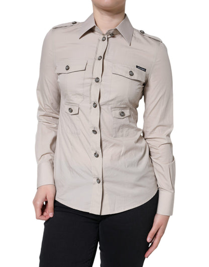  - Beige Cotton Collared Button Down Shirt Top