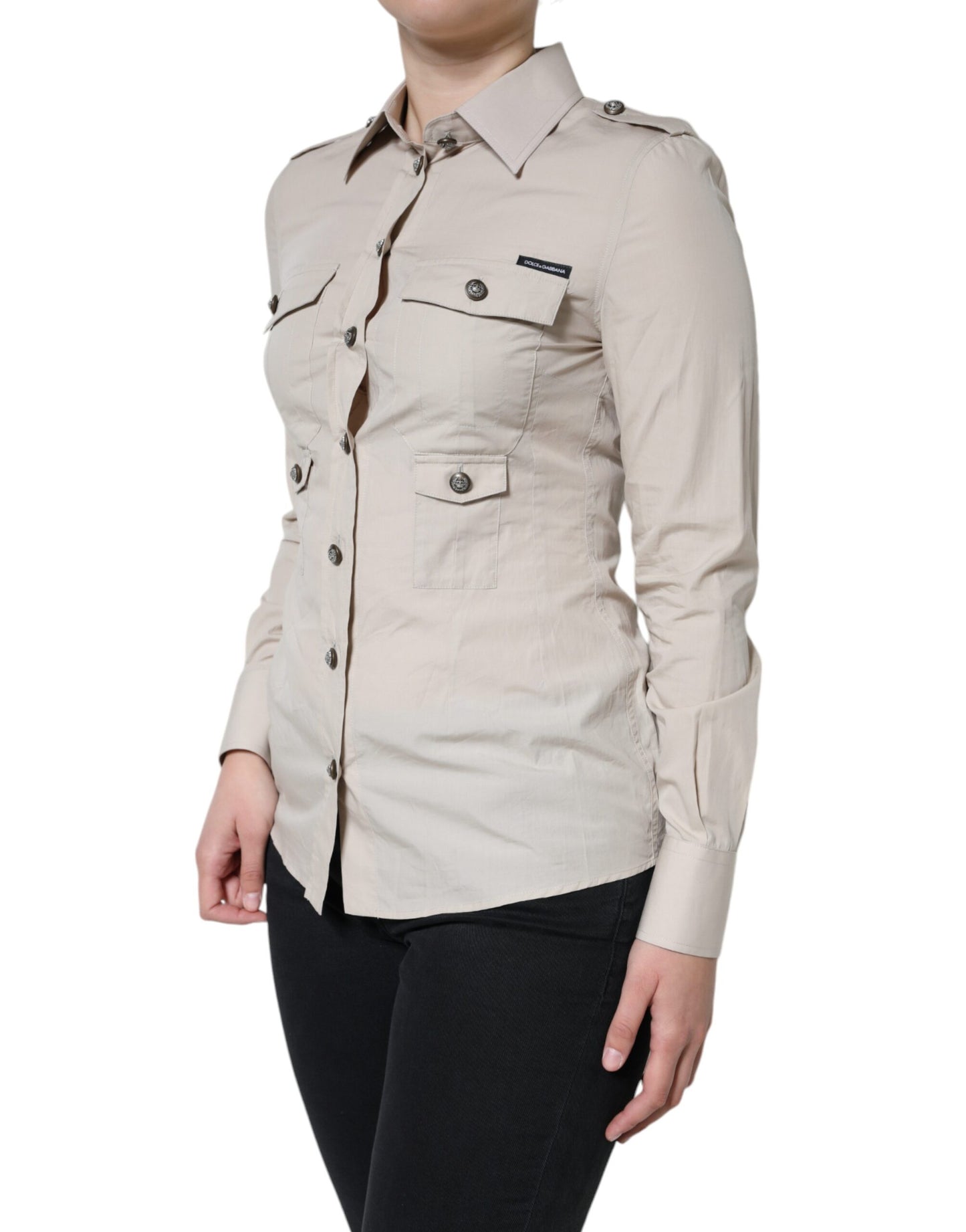  - Beige Cotton Collared Button Down Shirt Top