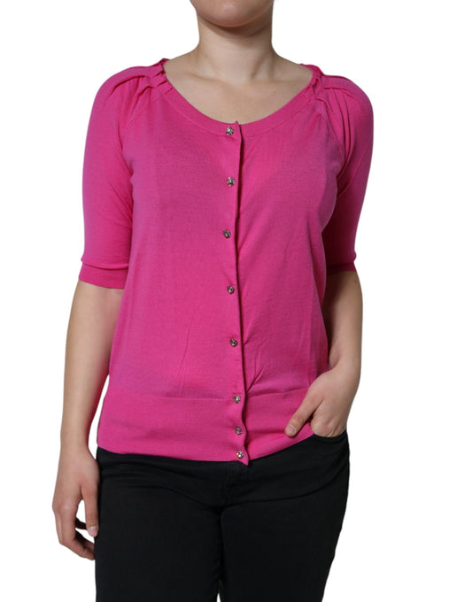  - Pink Wool Button Down Short Sleeve Blouse Top