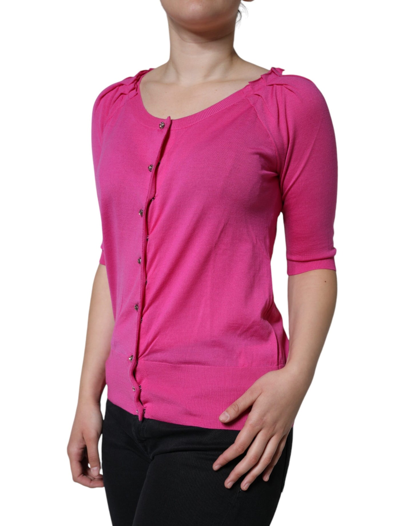  - Pink Wool Button Down Short Sleeve Blouse Top