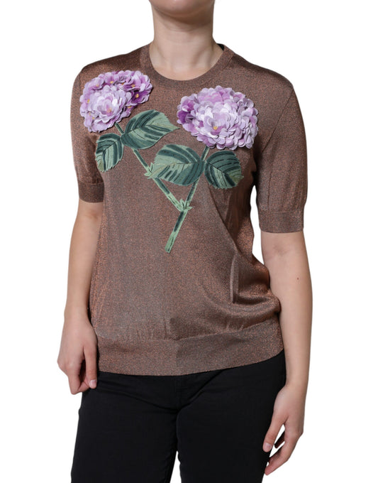  - Brown Floral Applique Viscose Short Sleeve Top