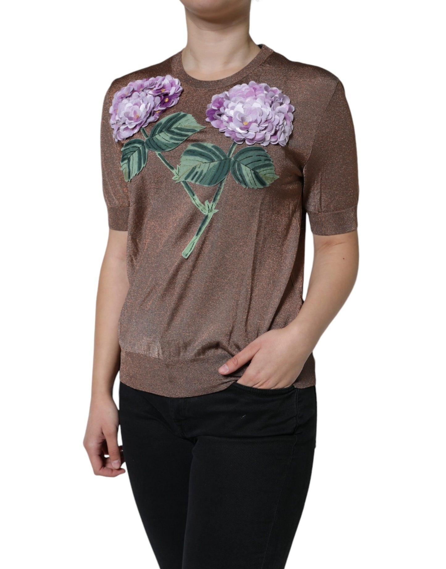  - Brown Floral Applique Viscose Short Sleeve Top