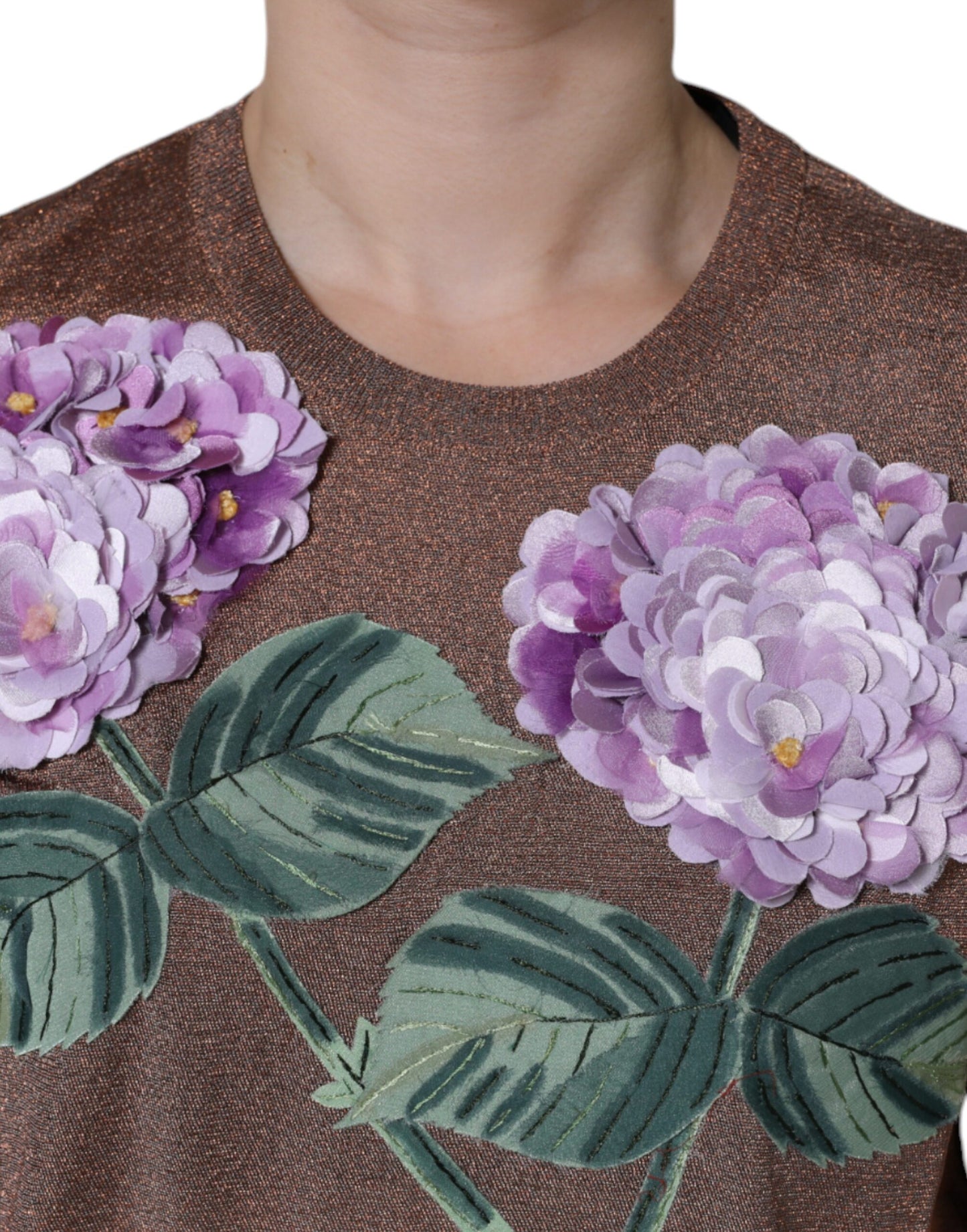  - Brown Floral Applique Viscose Short Sleeve Top