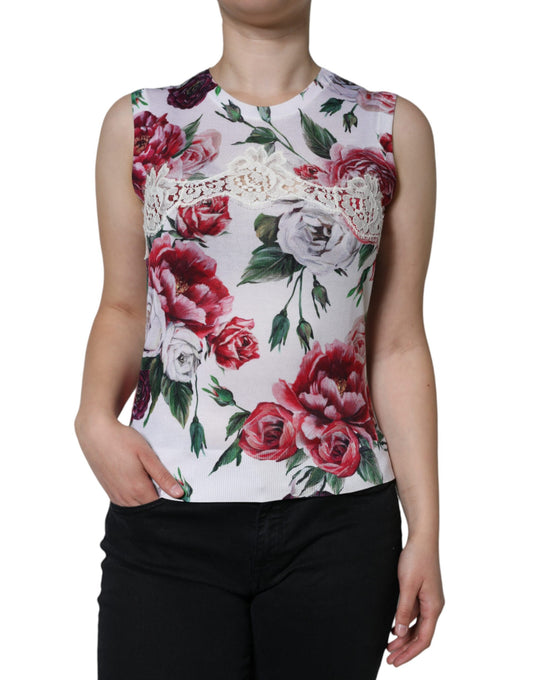  - White Floral Lace Silk Sleeveless Tank Top