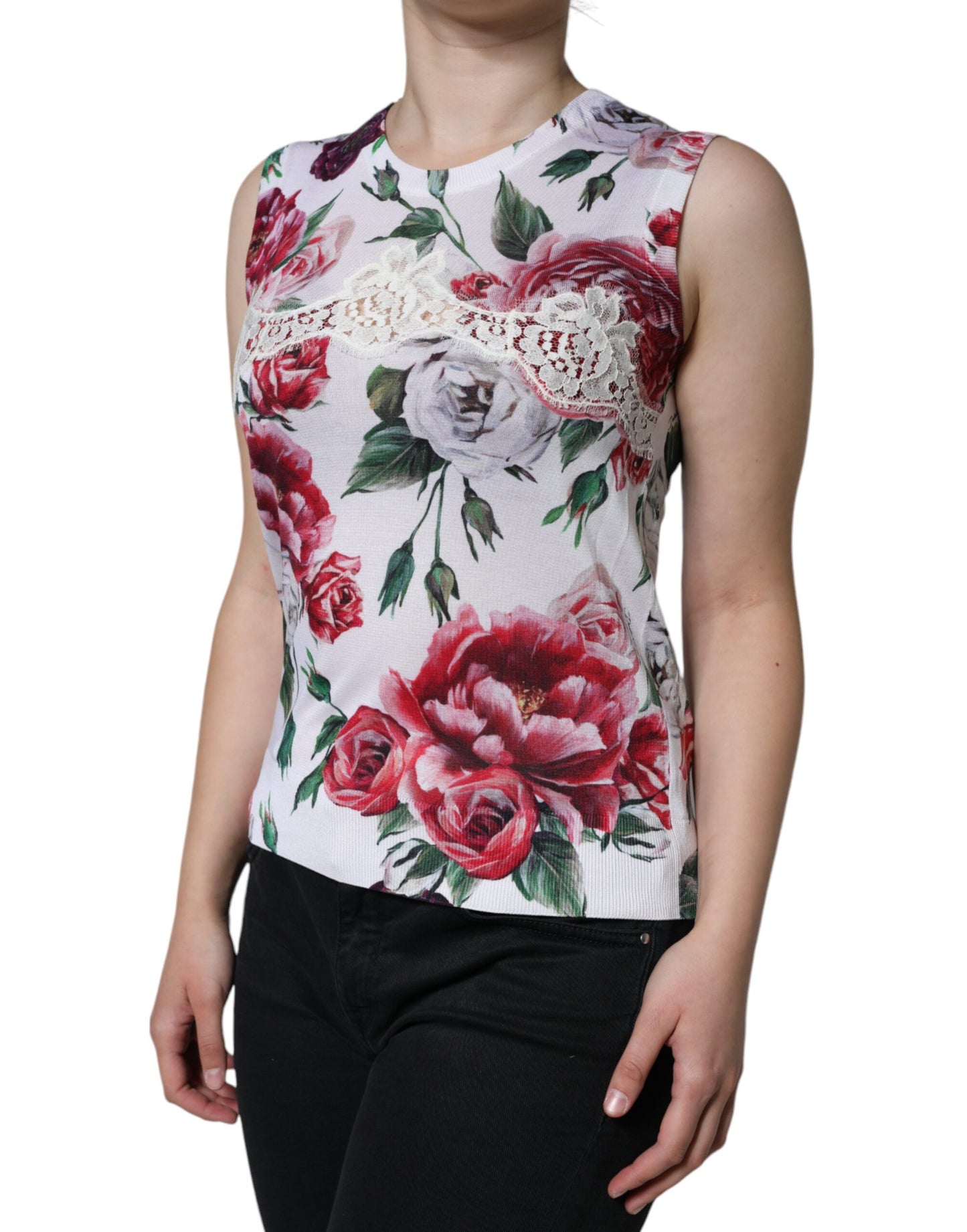  - White Floral Lace Silk Sleeveless Tank Top