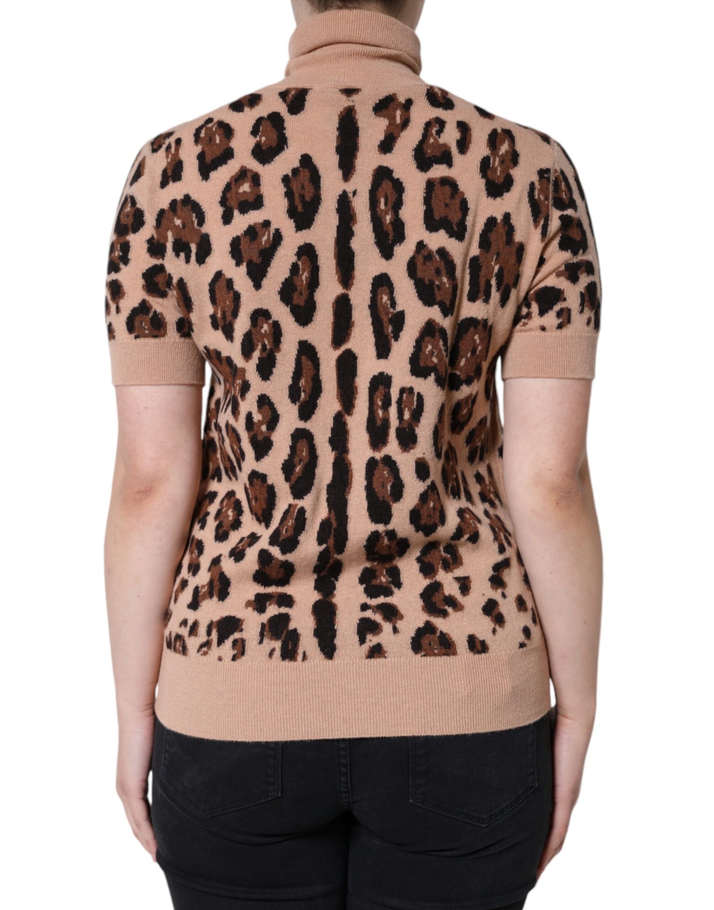  - Beige Leopard Print Wool Turtleneck Top