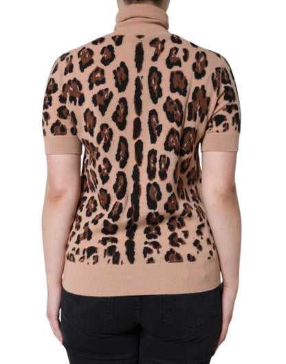  - Beige Leopard Print Wool Turtleneck Top