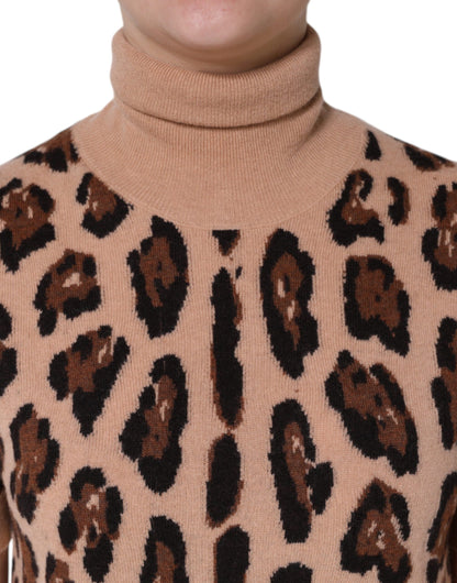  - Beige Leopard Print Wool Turtleneck Top