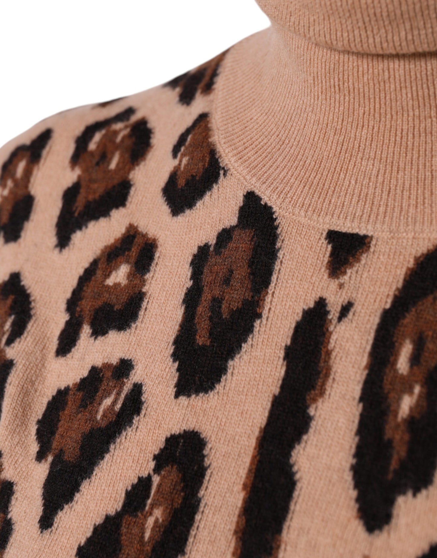  - Beige Leopard Print Wool Turtleneck Top