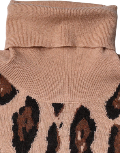  - Beige Leopard Print Wool Turtleneck Top