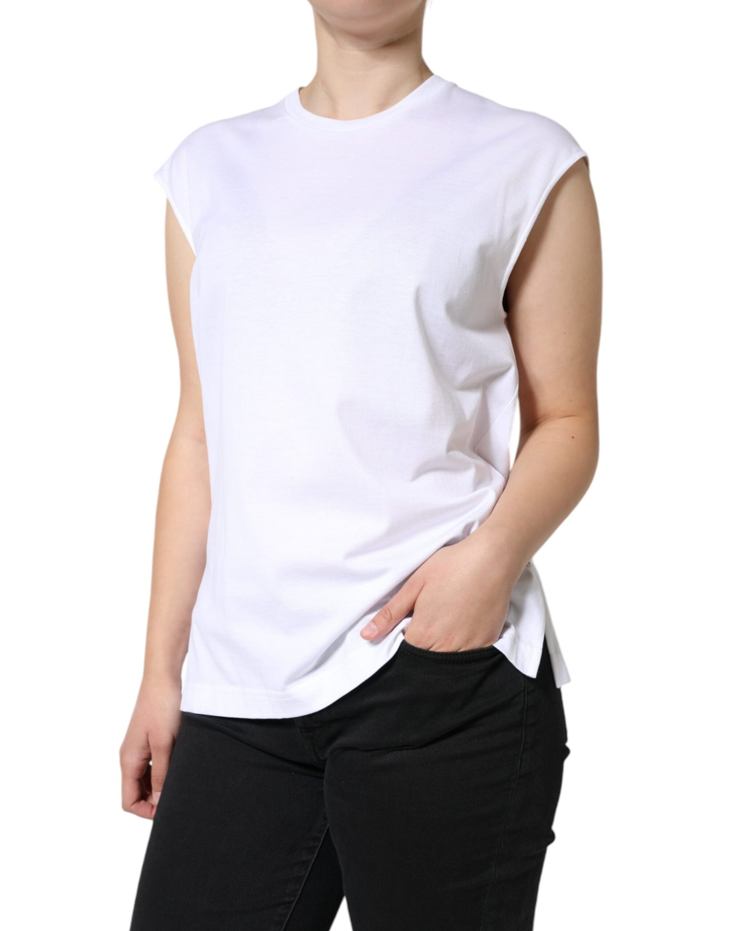  - White Cotton Sleeveless Crew Neck T-shirt