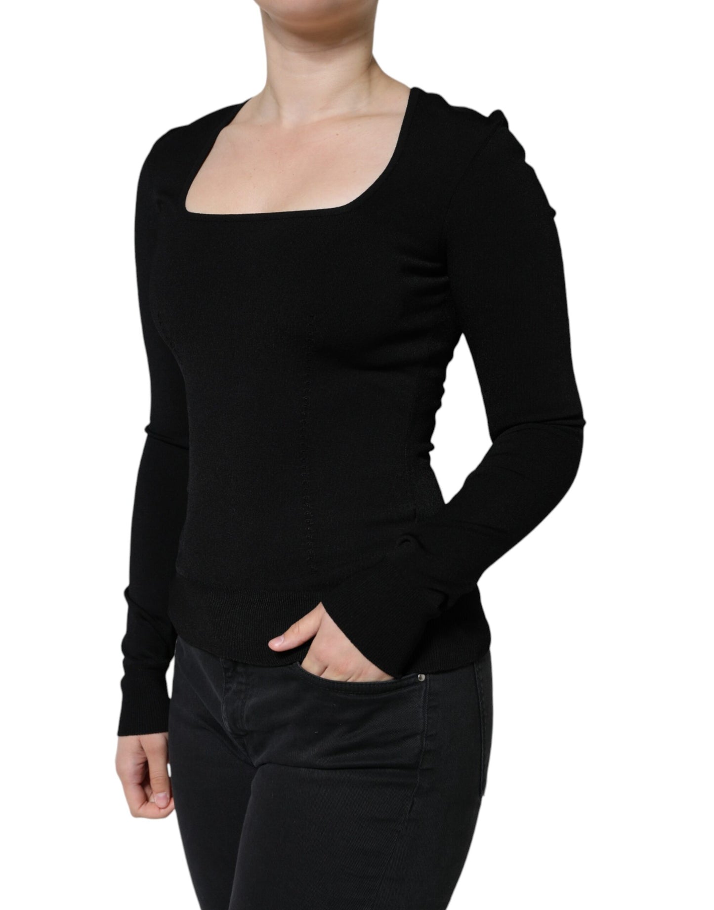  - Black Long Sleeves Blouse Square Neck Top