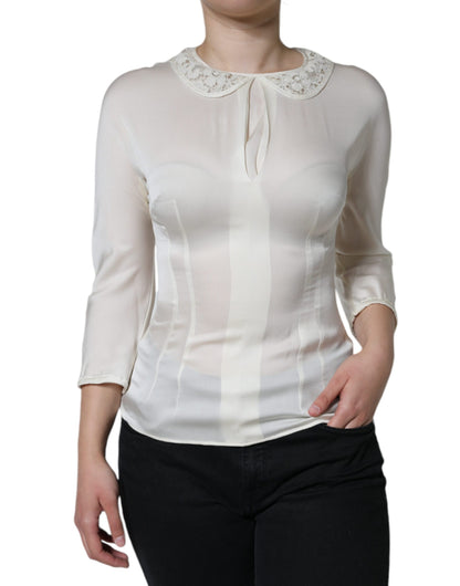  - Off White Silk Lace Trimmed 3/4 Sleeves Blouse Top