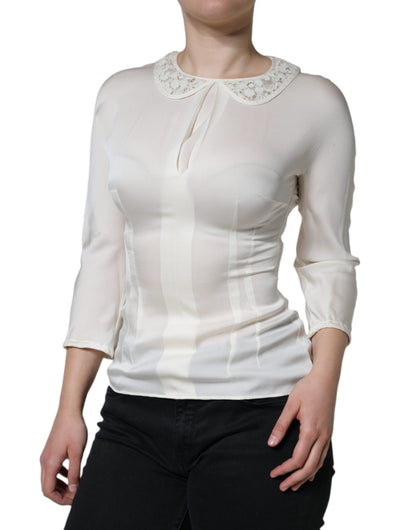  - Off White Silk Lace Trimmed 3/4 Sleeves Blouse Top