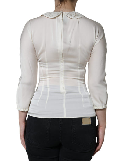  - Off White Silk Lace Trimmed 3/4 Sleeves Blouse Top