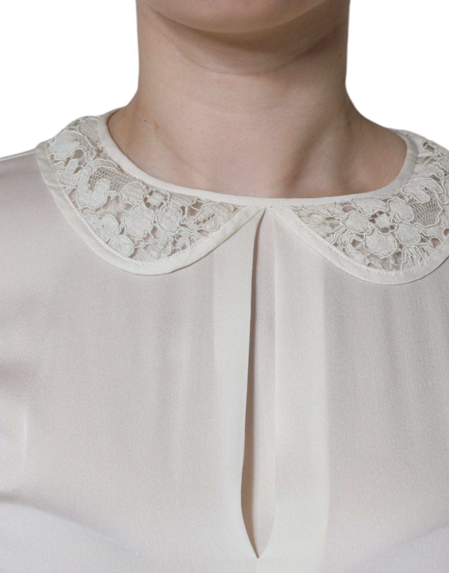  - Off White Silk Lace Trimmed 3/4 Sleeves Blouse Top