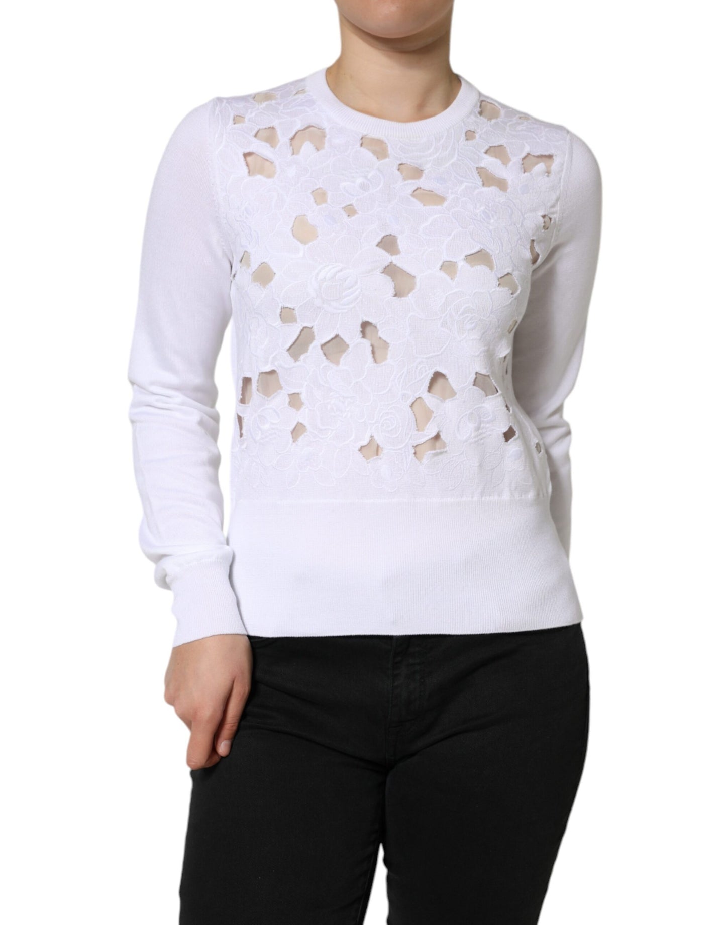  - White Lace Cut Out Long Sleeves Pullover Sweater