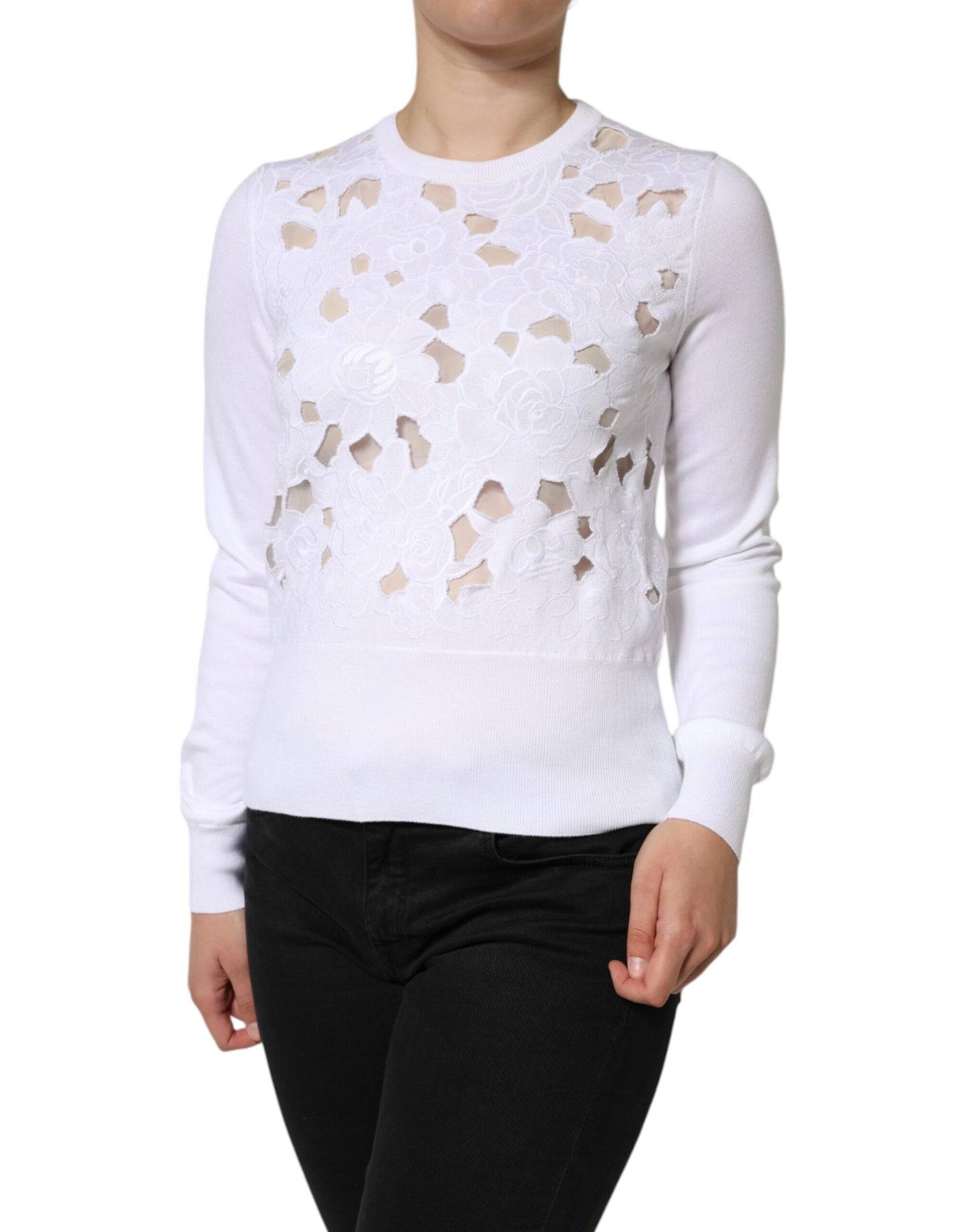  - White Lace Cut Out Long Sleeves Pullover Sweater