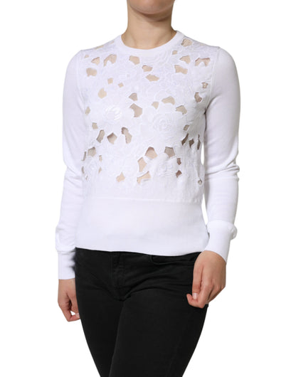  - White Lace Cut Out Long Sleeves Pullover Sweater