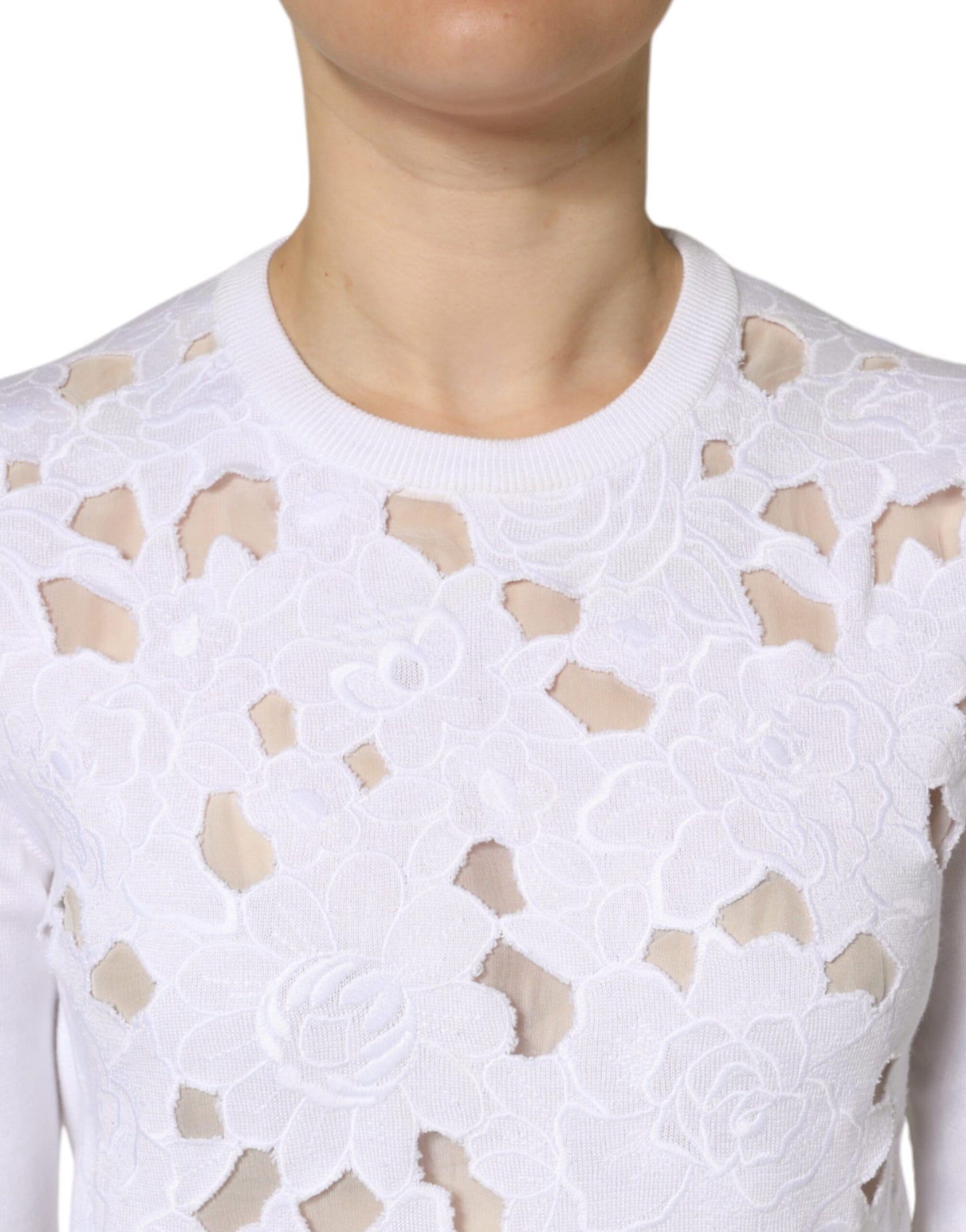  - White Lace Cut Out Long Sleeves Pullover Sweater