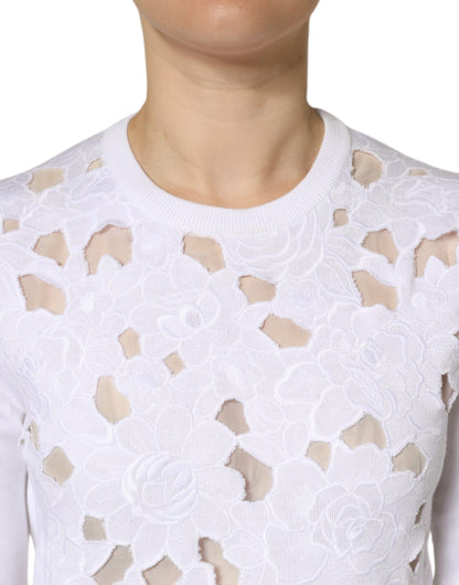  - White Lace Cut Out Long Sleeves Pullover Sweater