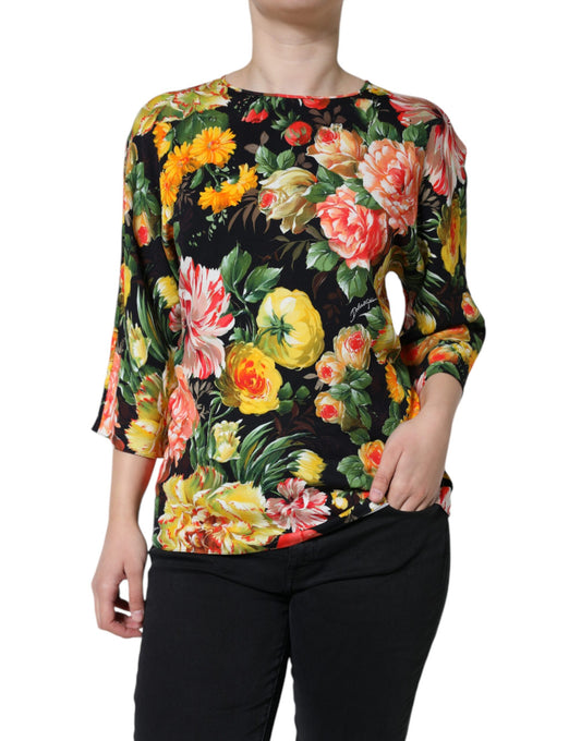  - Multicolor Floral Viscose Round Neck Blouse Top