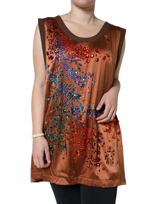  - Brown Crystal Embellished Sleeveless Tank Top