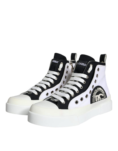 White Black Canvas Logo Mid Top Sneakers