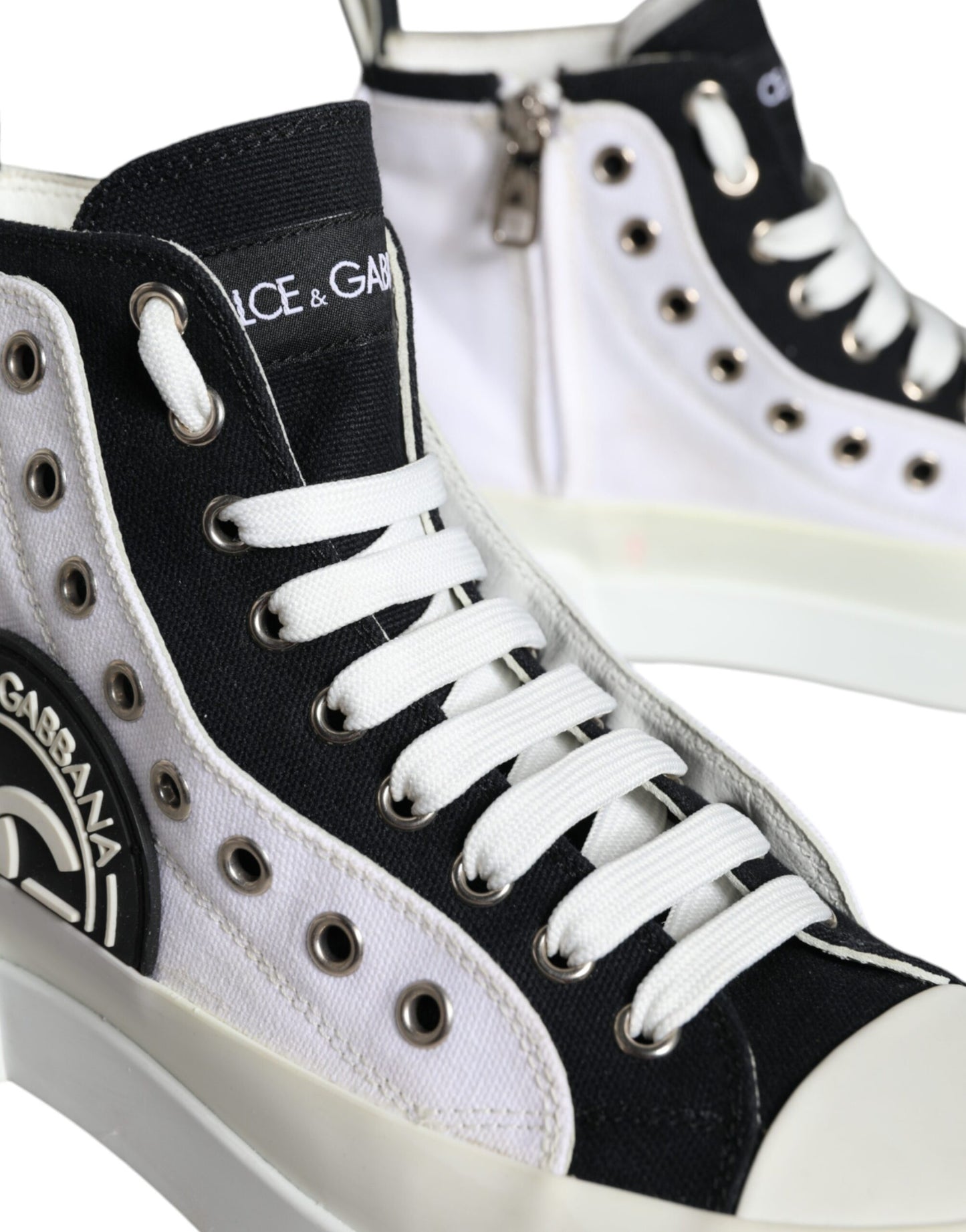 White Black Canvas Logo Mid Top Sneakers