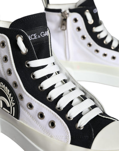 White Black Canvas Logo Mid Top Sneakers