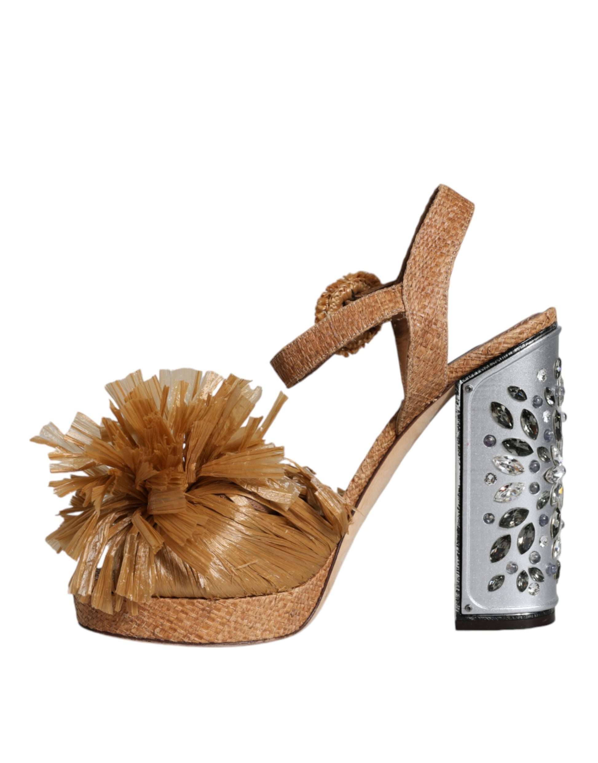 Brown Raffia Ankle Strap Crystal Sandals Shoes