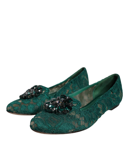 Green Lace Crystal Ballet Flats Loafers Shoes - The Luxe Alliance