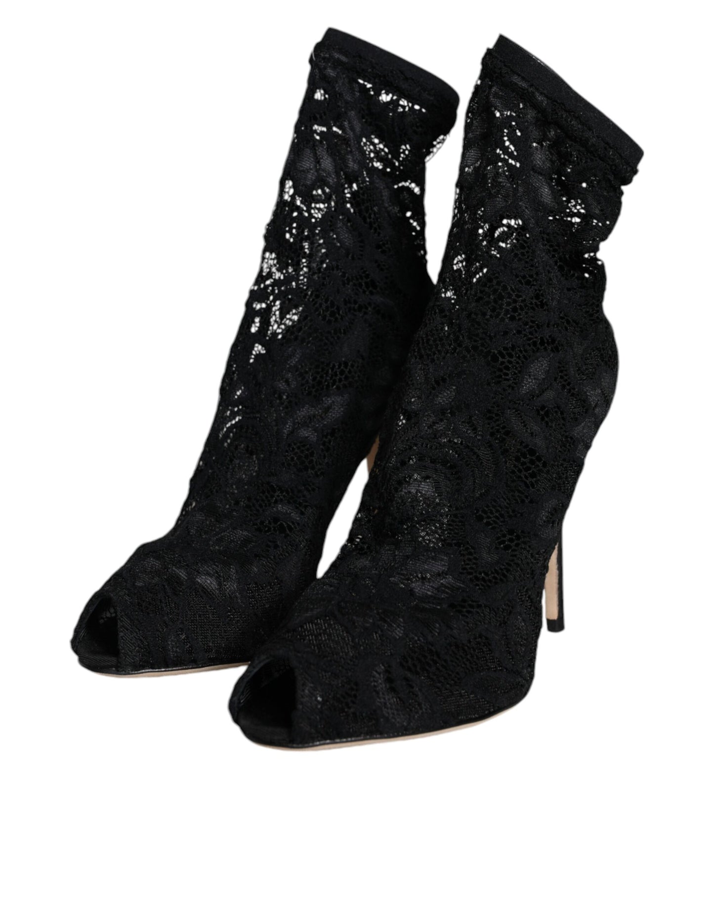 Black Lace Stretch Heels Mid Calf Boot Shoes - The Luxe Alliance